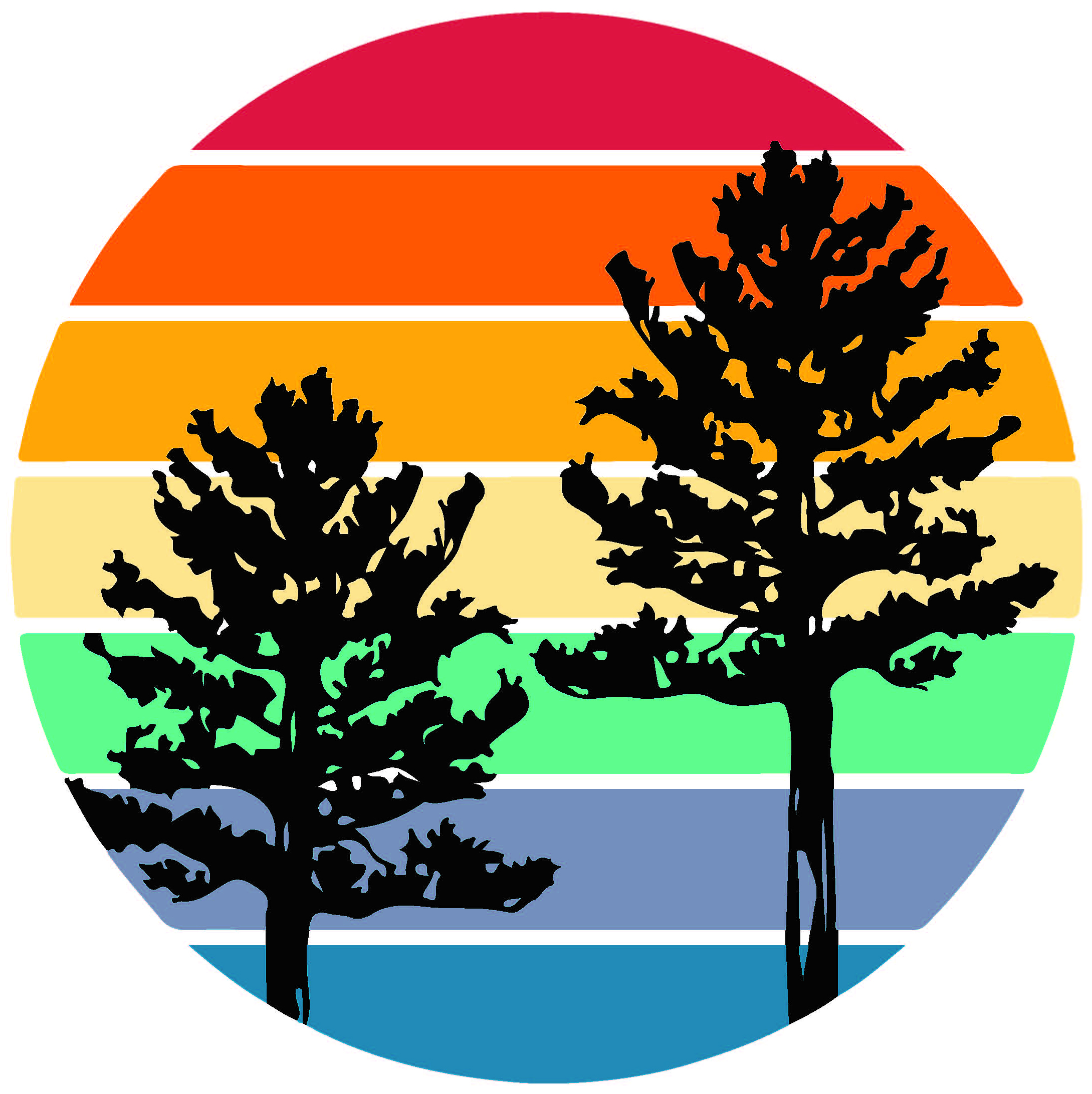Collective Copies 40th Anniversary Color logo featuring our cooperative Twin Pines logo in color. Black Pine trees against a rainbow-colored ombre Sunset